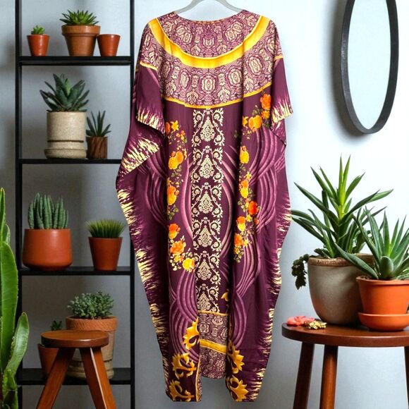 Tamsy NWT Maroon ONE SIZE Boho Maxi Kaftan Dress Cozy Layers Autumn Vibes Lounge - Picture 2 of 8